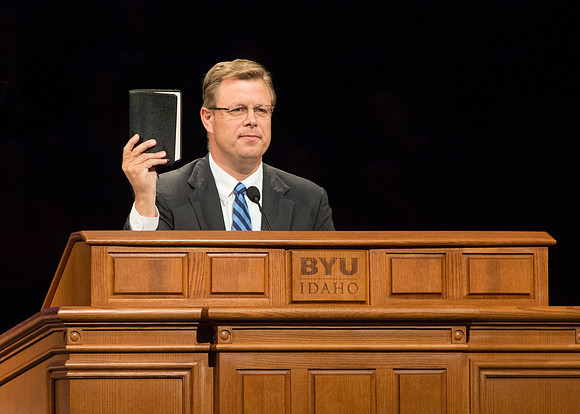 President Gilbert asks students to show Brother Brian Pyper they are ready to be taught at Devotional.