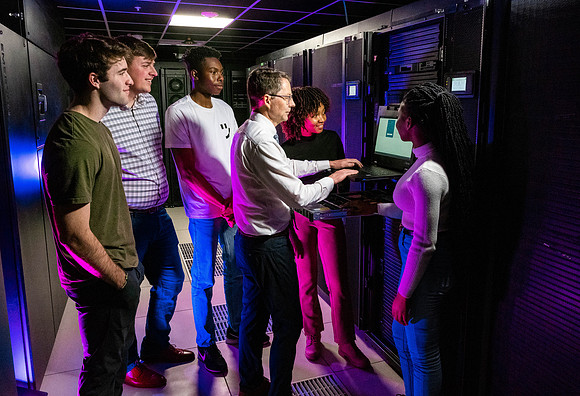 Computer Information Technology students in the server room in the Smith Building.