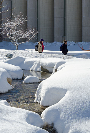 A snow covered water feature located in the Taylor Quad.