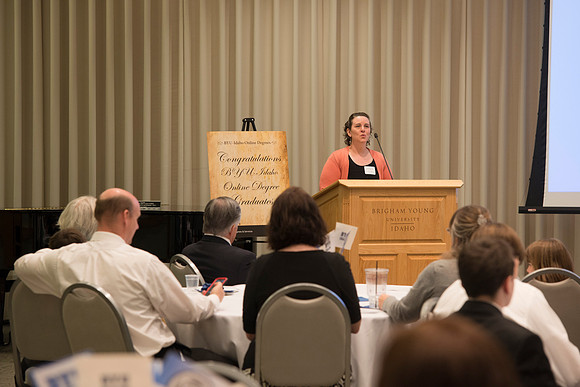 Online Leaning Graduates gather in the MC Special Events room for a reception. Amada VandenAkker, former Pathway student, Bachelor of University Studies, shares her Online experience.