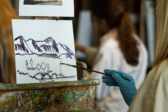 A close-up of a student's landscape in Brother Bodily's Painting Class.