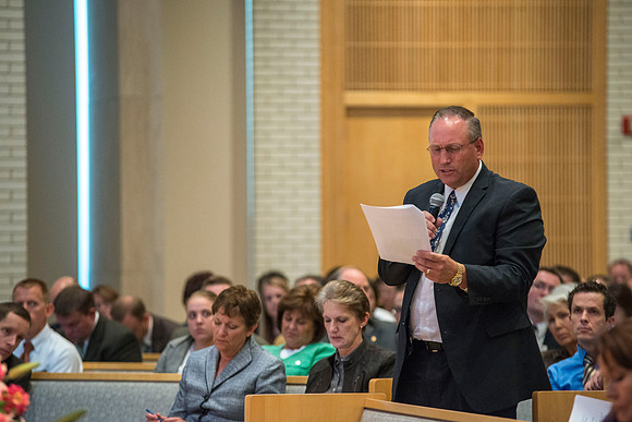 President Clark G. Gilbert reviews the spiritual experience he had preparing for and presenting his remarks at his inauguration. Employees listen and participate during the Q&A.