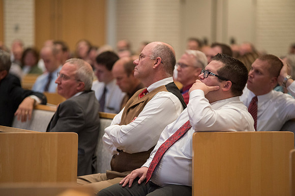 President Clark G. Gilbert reviews the spiritual experience he had preparing for and presenting his remarks at his inauguration. Employees listen and participate during the Q&A.