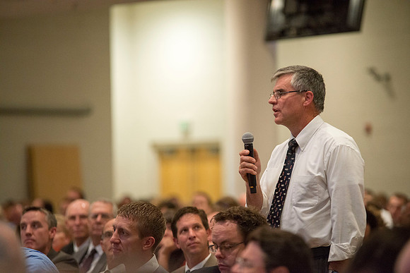 President Clark G. Gilbert reviews the spiritual experience he had preparing for and presenting his remarks at his inauguration. Employees listen and participate during the Q&A.