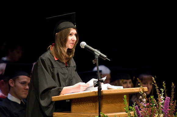 Alison Vevea speaks at convocation for Performing and Visual Arts.