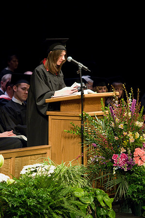 Alison Vevea speaks at convocation for Performing and Visual Arts.