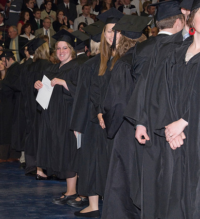 Fall 2008 graduate students enter hart auditorium. Commencement processional line.