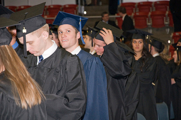 Fall 2008 graduate students enter hart auditorium. Commencement processional line.