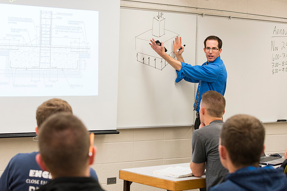Students in a Civil Engineering class, Reinforced Concrete Design, are taught by Nathan Harris.