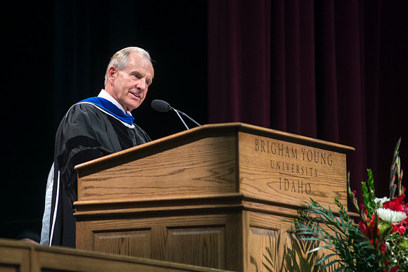 Elder W. Craig Zwick speaks to graduates during the College of Business and Communication Convocation.