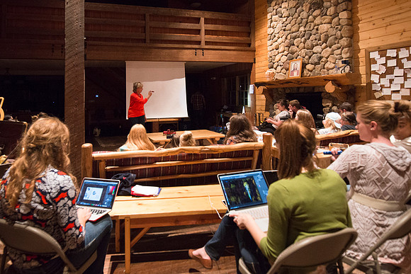 Visual Communications Faculty Mentor, Caryn Esplin, takes her Comm 316 class to the Sky Mountain Lodge and teaches them ways to improve their photography.