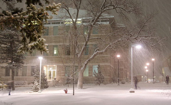 Springtime snow storm blew in a couple of inches of snow in a very short period of time. Spori Building