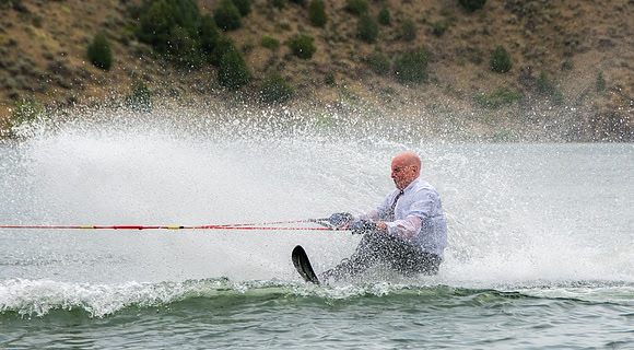 Waterskiing at Ririe Reservoir with BYU-Idaho's President Henry J Eyring. Video shoot for his Fall semester devotional promo video. - Aug 2019