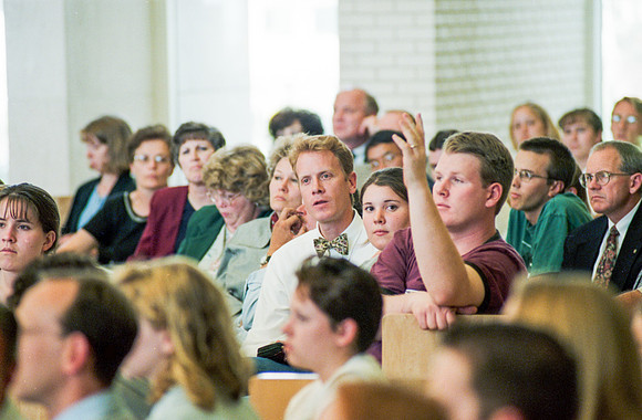 Faculty and employee meeting when the announcement was made that Ricks college would become the 4 year university Brigham Young University - Idaho.