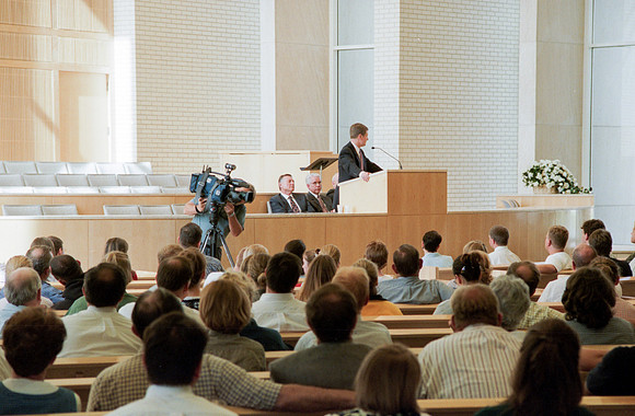 Faculty and employee meeting when the announcement was made that Ricks college would become the 4 year university Brigham Young University - Idaho.