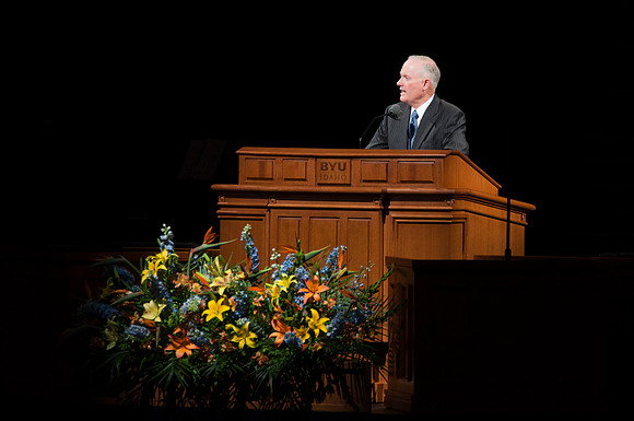 President Kim B. Clark speaking at an Education Week Devotional.