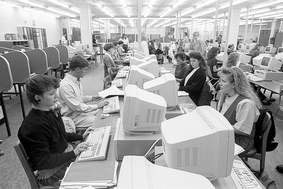 Students work in the Computer Lab on campus. November 1990.