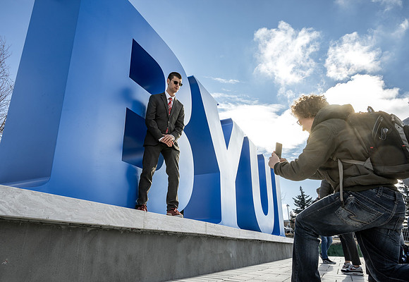Unveiling of a new monument on campus: BYUI letters just below the Taylor Quad.