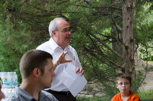 Employees of University Relations gather for a pleasant BBQ in the gardens.
