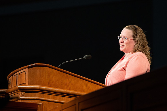 Amy Hanks, Chemistry Faculty Member, speaks during devotional.