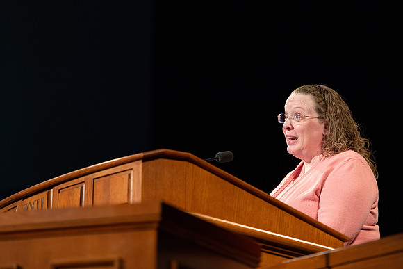 Amy Hanks, Chemistry Faculty Member, speaks during devotional.