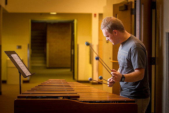 James Densley plays the Marimba in the Snow Building on a late Tuesday night.