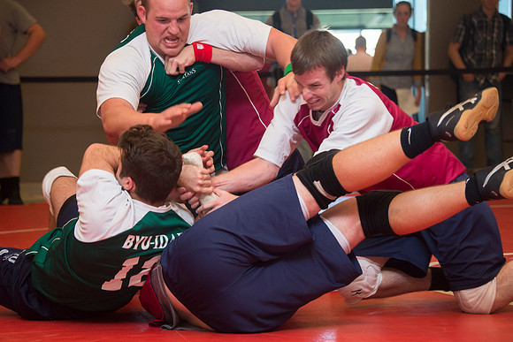 Students play a new recreational sport introduced at BYU-I; Matball.