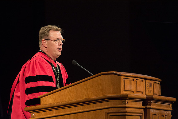 President Clark G. Gilbert gives his response after being installed as BYU-Idaho's 16th president.