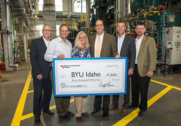 Rocky Mountain Power presents BYU-Idaho with a check for being Watt Smart. 2016