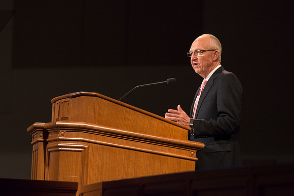 Elder Don R. Clarke, Emeritus General Authority, speaks at devotional.