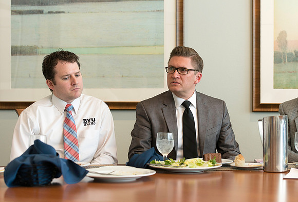 University Relations department luncheon in the Presidents Dining Room in the Manwaring Center. Brett Sampson and Jonathon Lawrence.