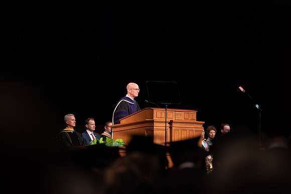 Student Graduates and Faculty meet in the I-Center for Commencement.
