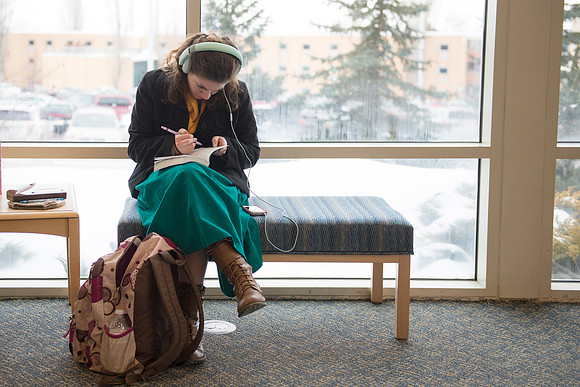 Student studies in the Taylor Building the first week of school.