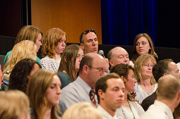 Audience members listening to Pres. Clark share information about new BYU-Idaho students and answers to questions