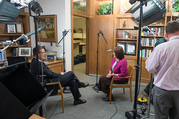 President Gilbert interviews Kris Powell about her role in the Student Activity Program and the Spirit of Ricks.