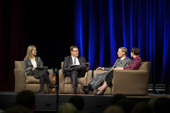 President and Sister Gilbert ask Elder and Sister Bednar questions during Date Night with married students at BYU-Idaho.