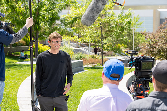 The video production team films and interviews AJ, a second semester student at BYU-Idaho.