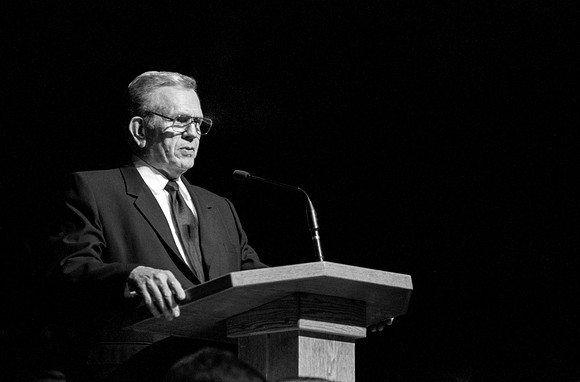 President Boyd K. Packer speaks to students at a devotional at Ricks College