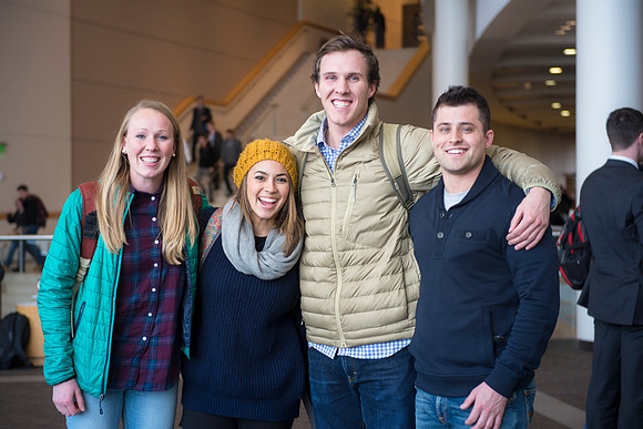 Students Jessica Comfort, Lauren Gold, Jordan Comfort, and Caleb Arave after the first devotional of Winter Semester.