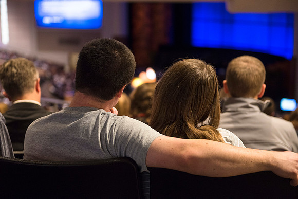 Students gather to listen President and Sister Clark speak at the first devotional of Winter Semester