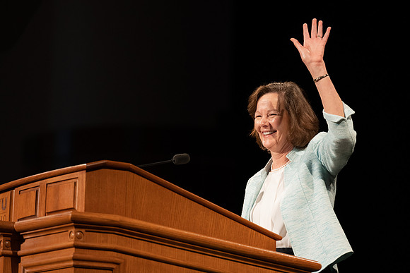 Susan Porter, the General Primary President, addresses BYU-Idaho Students during the weekly Tuesday devotional.