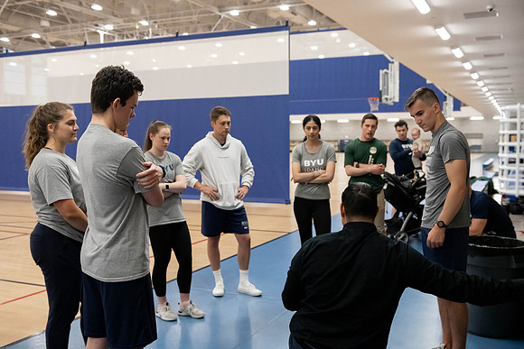BYU-Idaho students attend a hands-on sprinting workshop in the I-center.