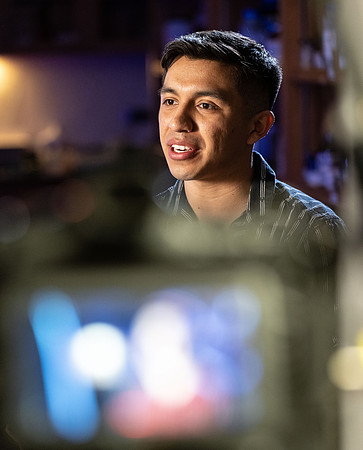 Chemistry student, Noah Aguilar, being interviewed for an Admissions video.