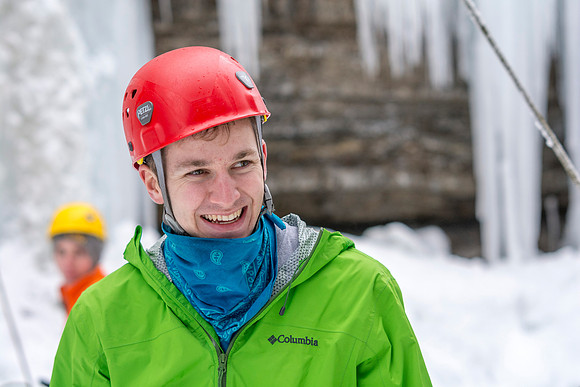 David Butler, a Chemistry Major, out with other students ice climbing.