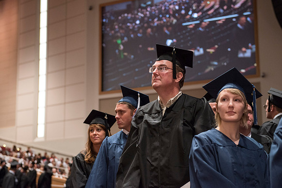 Commencement ceremony in the BYU-Idaho Center.  BYU-Idaho photos by Michael Lewis