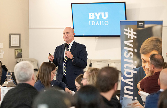 Alumni in the Cache Valley area gather at Eagles Landing Event Center, in Smithfield, Utah and get the chance to listen to and meet President Meredith.