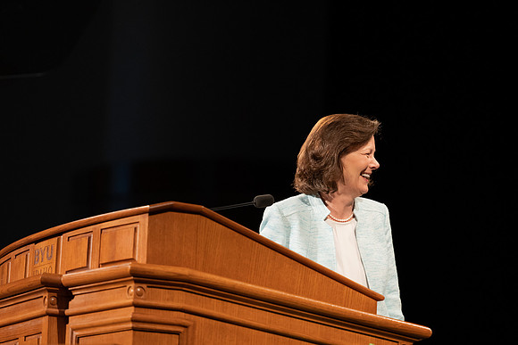 Susan Porter, the General Primary President, addresses BYU-Idaho Students during the weekly Tuesday devotional.