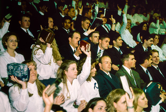 Crowd of students listening to the devotional speaker at Ricks College