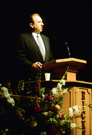 Elder Thomas S. Monson speaks to students at Ricks College during devotional