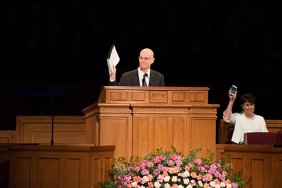 President Henry J Eyring welcomes students to a BYU-Idaho special Sunday devotional with Elder Ronald A. Rasband of the quorum of the twelve apostles along with his wife Melanie Rasband.